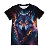 Ainuno Wolf Shirt for Boys,Cool Boys Shirts Size 7-8 Unique Novelty T Shirt for Big Boy Summer Short Sleeve Crewneck Graphic Tees Animal Print,S