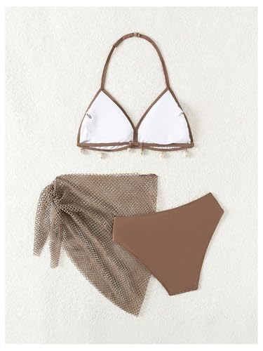 SHENHE Girl's 3 Piece Swimsuit with Fishnet Cover Up Halter Neck Shell Bikini Bathing Suit2