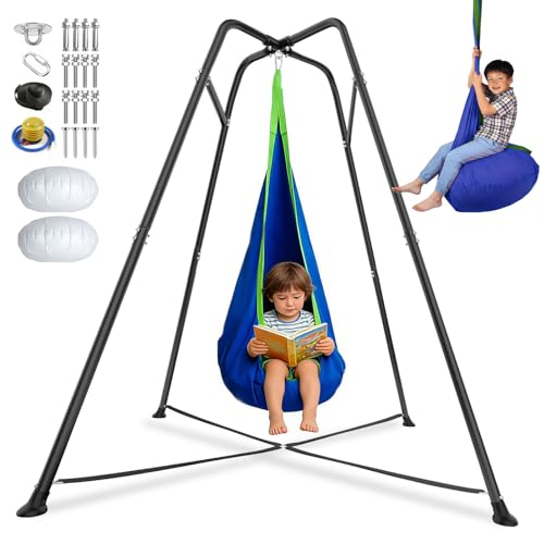 Sensory Swing Stand with Pod Swing Metal Frame Swing Set for Indoor Outdoor Backyard (Blue)