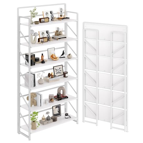 Image of JSB 6 Tier No Assembly Folding Bookshelf, 30.3 inch Wide Foldable Storage Bookcase for Home Office, Space-Saving Storage Shelf for Living Room (All White)
