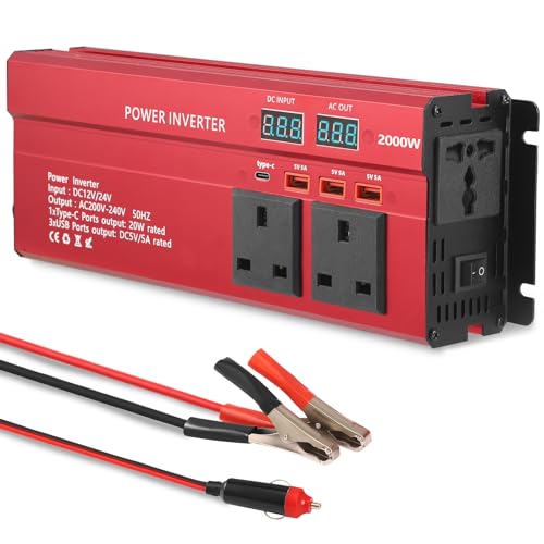 2000W Power Inverter 12V to 240V AC Pure Sine Wave Inverter,Car Inverter DC 12V to AC 240V with 3 USB Ports 3 AC Sockets 1 Type-C Port,Car Power Inverter with Digital Display