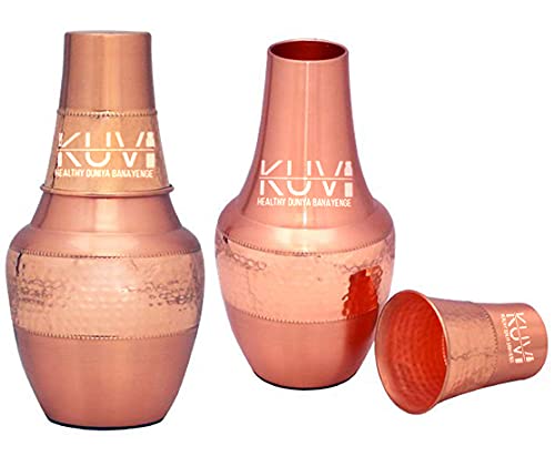 KUVI Pure Copper Hammered-Plain Bed Side Jar Pot Elegant and Stylish Water Bottle with Glass