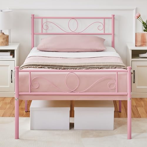 Yaheetech Cama Indivitual Hierro Cama Metálica para Colchón de 90 x 200cm Cama Industrial Estructura Metal Rosa