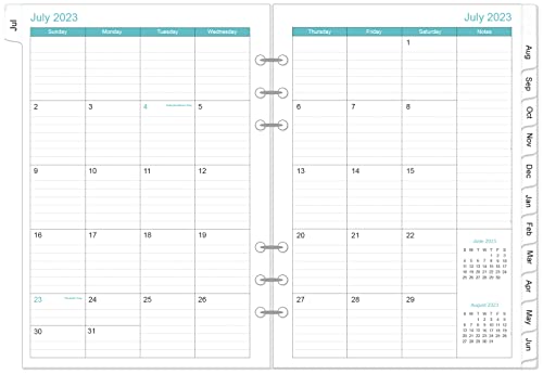 2023-2024 Monthly Planner Refill For A5 Binder, 18 Months Refill Planner Runs From July 2023 To December 2024, Two Pages Per Month, 6-Hole Punched Planner Refills With Tabs, 5.8" X 8.3", Teal Leaf #TOP4
