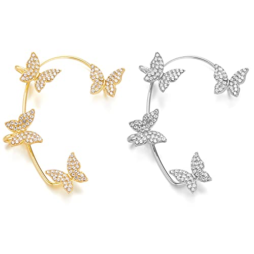 2PCS Butterfly Ear Cuff Earrings for Women Wrap Crawler Earrings No Piercing Butterfly Ear Clip Wrap Around Fake Earrings for Girls (Silver & Gold Right)
