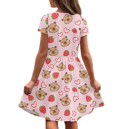 Image of Girls Dress with Pockets Basic Short Sleeve High Waist Swing Skater Dress School Party Dress for Kids