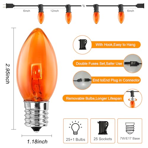 Image of GOOTHY C9 Orange Christmas String Lights, 25Ft Outdoor Christmas Decorations Lights with 26 Incandescent Orange Bulbs, Hanging Patio Lights Waterproof for Roofline Backyard Outdoor Halloween Party