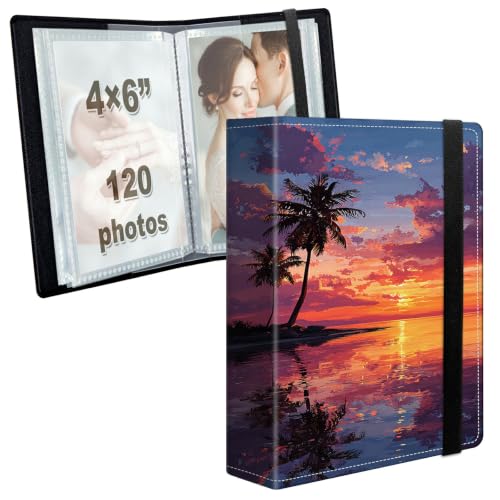 Image of Photo Album 4x6 120 Photos with Strong Elastic Band, Tropical Palm Tree | Large Capacity Premium Leather Picture Album, Portable Wallet Albums Photo Book for Family Anniversaries Wedding Baby