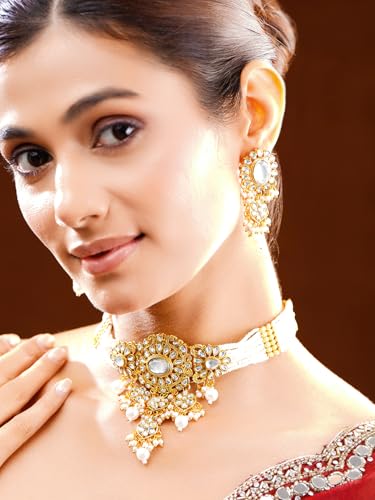 Image of Rubans Necklace Maangtikka Set Gold Plated Kundan & Pearl Jewellery Gift for Women & Girls