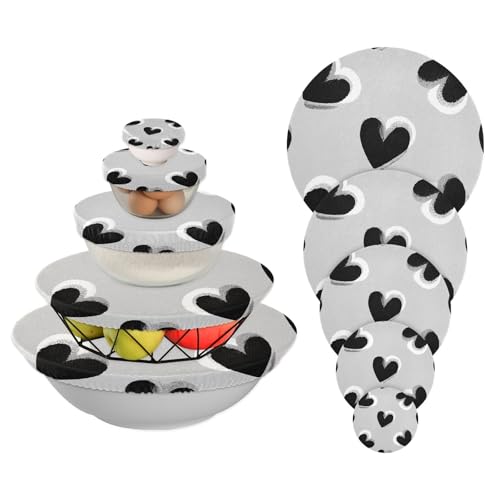 5 fundas elásticas para cuencos en 5 tamaños, tapas de masa madre para frutas, alimentos, sobras, masa a prueba de pan (corazones negros, patrón gris)