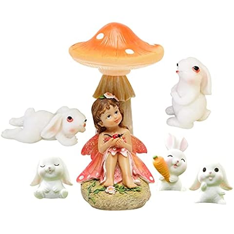 FYHappy Garden Ornaments Outdoor, Little Fairy Sitting Under Mushroom with Little White Rabbits, Fairy Garden Accessories Supplies Garden Decorations Outdoor, Miniature Garden Décor Statues Cover