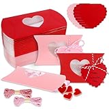 JarThenaAMCS 50Pcs Valentine's Day Treat Boxes with Gift Tags Cotton Rope Red Pink Pillow Boxes with Heart PVC Window Gift Paper Container for Sweets Chocolate Birthday Wedding Party