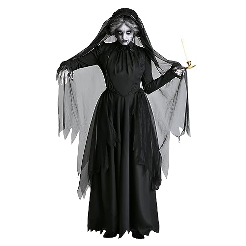 NICEYEA XXL Halloween Witch Costume Horror Graveyard Bridal Set Cosplay Dark Black Ghost Bride Dress Long Hooded Cloak Scary Fancy Dress Outfits Props for Women Role Play Prom Party Carnival