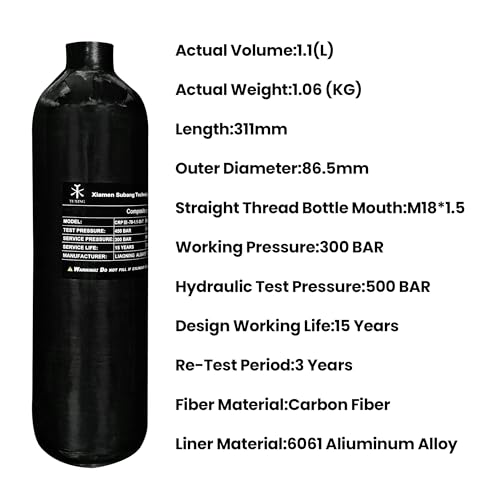 TUXING 4500Psi Carbon Fiber Air Tank 1.1L 67Cu in 1100cc Pcp HPA Bottle, Gas Cylinder, Sacuba Tank, Paintball Hunting for PCP Air Rifle Gun Daystate and FX Thread M18 * 1.5 - Image 7