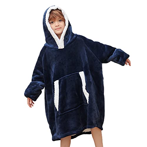 Xynhml Oversized Blanket Hoodie For Kids Flannel Sherpa Wearable Sweatshirt Blanket Snuggies Warm Plush Hooded Blanket With Huge Pocket And Elastic Sleeve Deep Blue #TOP1