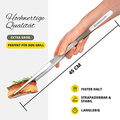 SCHMIEDWERK Grillzange Edelstahl 45cm - Grillen | Kochen | Backen - Kochpinzette lang mit Hängeöse als Küchenhelfer