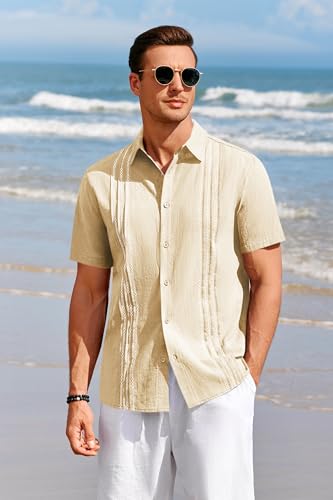 Image of Runcati Mens Short Sleeve Guayabera Shirts Linen Cotton Button Down Mexican Embroidered Cuban Wedding Shirt Summer Beach Tops