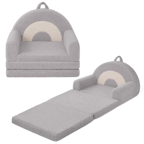 Image of Blissful Diary Foldable Kids Couch, 2-in-1 Kids Sofa Chair, Gray Rainbow | Kids Fold-Out Couch, Reading&Play, Sturdy Support, Washable Cover, Carry Handle, Pre-Assembled, Gift Ready, CPSIA Certified