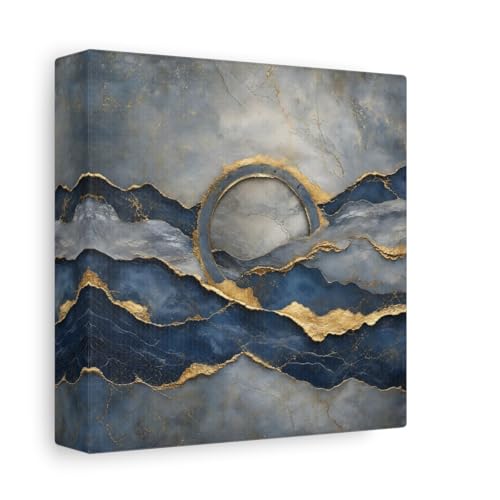 Toile abstraite vagues bleu et or decoration murale salon 15x15cm