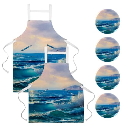 Tablier de cuisine avec 4 broches et motif Lever de soleil sur vague - Lot de 2