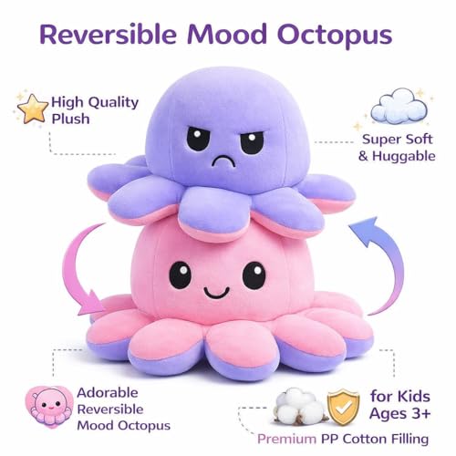 Image of Reversible Octopus Plush Toy 18 cm | Flip Mood Soft Toy | Double-Sided Happy & Angry Expression | Super Soft Stuffed Animal Plushie | Cute Kids Gift, Stress Relief Toy, Home Decor