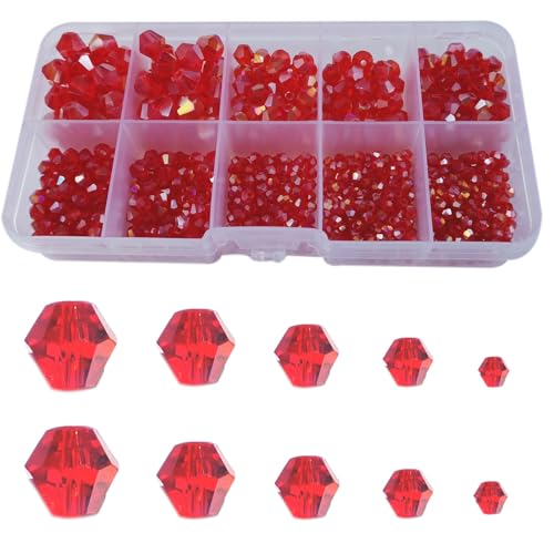 Gocelyn 900pcs Crystal Bicone Glass Beads of AB Color (Red), Rondelle Crystal Beads Assorted Supplies Spacer Loose Beads for Jewelry Making Findings Bracelets Pendants (2mm, 3mm, 4mm, 5mm,6mm, 8mm)