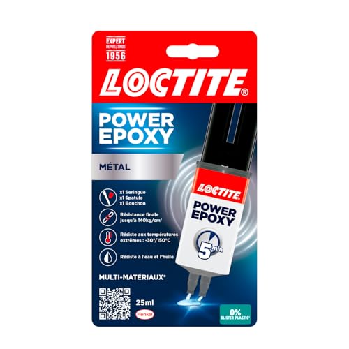 LOCTITE Colle Epoxy Métal 5 min (Seringue 25ml) résine bi-composante, colle forte et rapide pour métaux et autres matériaux, ultra résistante, couleur métal