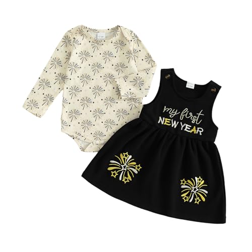 Socutebabe My First New Year Baby Girl Outfit Newborn Romper And Warm Overalls Skirt Toddler Dress Outfits Clothes (My First New Year Black 0-3 Months)