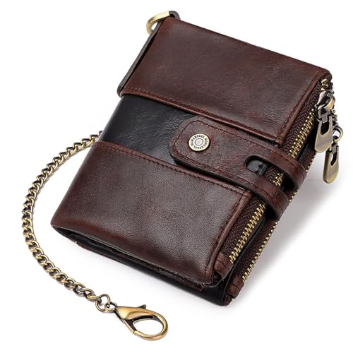 Mens Wallet with Chain RFID Blocking Genuine Leather Bifold Biker Wallet for Men Double Zipper Coin Pocket Purse with Double Anti-Theft Chain-coffee3