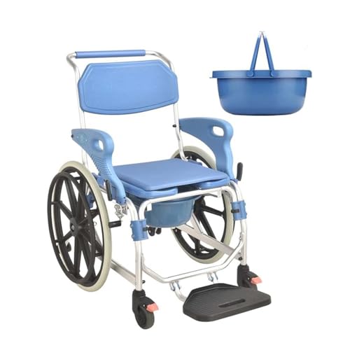 Self Propelled Commode Shower Wheelchair, Commode Toilet Chair with Wheels, Brakes and Bucket, Transport Chair W/Brake, Weight Capacity 330lbs, for people with reduced mobility,001