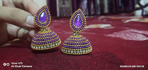 Image of Silk Thread Jhumka Earrings, Purple and Gold Pearl Design, Traditional Drop Style with White Stone Chain