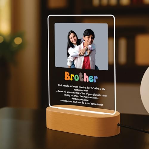 Image of Giftplease Personalized Photo Night Light for Brother - Custom Acrylic Picture LED Lamp with Wooden Base, Engraved Sibling Keepsake Frame, Unique Birthday, Rakhi, Gift for Brother from Sister