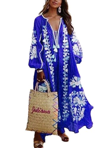 Vestido largo de manga farol para mujer, estilo étnico, cuello en V, bordado floral, manga larga, bohemio, acampanado, casual, vintage, suelto, para vacaciones en la playa, azul marino, 5XL
