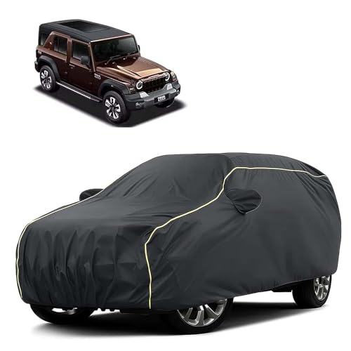Image of Sulfar 100% Water Resistant Car Body Cover Compatible with Mirror for Mahindra Thar Roxx (Triple Stitched, Full Bottom Elastic, Dark Grey Tafetta with Yellow Piping)