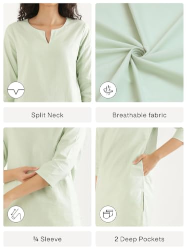 Image of SAADAA Airy Linen Mid Thigh Length Kurta for Women | Stylish Split Neck, 3 /4 Sleeves & Side Pockets | Comfortable Everyday Wear Kurta | Breathable Fabric |