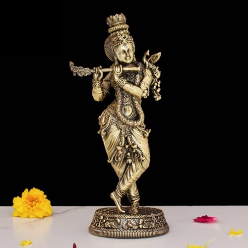 Image of INDICAST Brass 6.5 inch Lord Krishna Statue | Handcrafted Standing Krishna Murti Hindu God Idol Figurine Perfect for Decoration Puja & Gifting Purpose Sculpture (Weight- 240gm)