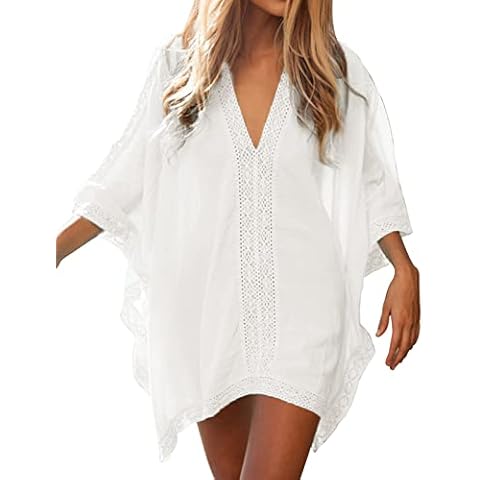 Xnova Women's Beachwear Cover Up Hollow Out Lace Edge Swimsuit Bikini Coverups V Neck Chiffon Bikini Beach Dress 3/4 Sleeve Swimwear Body Wrap(White,One Size) Cover
