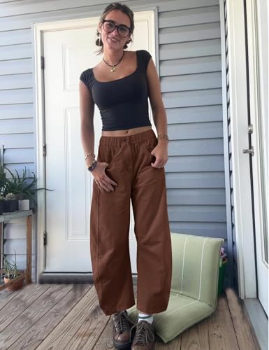 Flygo Womens Corduroy Pants Mid Rise Corduroy Barrel Pants Wide Leg Elastic Waist Cord Pants Casual Baggy Trousers2