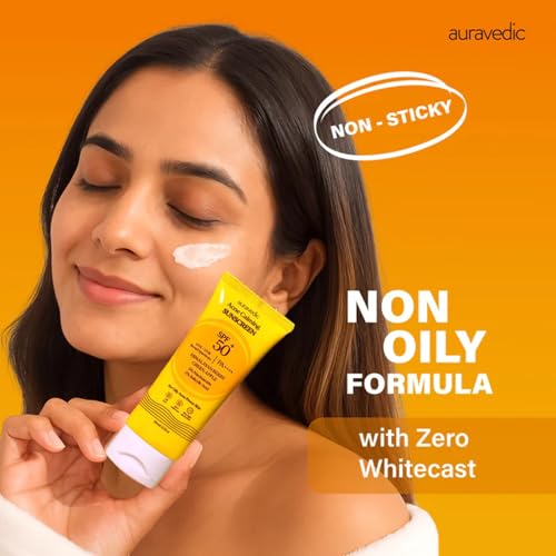 Image of Auravedic Acne UV Sunscreen SPF 50 PA++++ for Acne Prone Oily Skin with Himalayan Berry Green Apple Gotu Kola Niacinamide 2% Salicylic Acid Pore Minimizing Non Greasy No White Cast Cream
