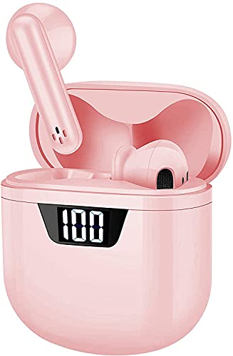 Audífonos Inalámbricos, Uplayteck Auriculares Bluetooth 5.0 para Deportivos, Compartimento de Carga para Pantalla LED, 20H Tiempo de Juego HiFi Calidad De Sonido, Toque Inteligente Auriculares Rosados Cover