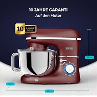 Fentic Küchenmaschine - 2000W - Edelstahl Rührschüssel (6,2 L) - Küchenmixer mit Rührhaken, Knethaken, Schlagbesen und Spritzschutz - Inkl. zusätzlichem Zubehör (Rot) – Ansicht 9