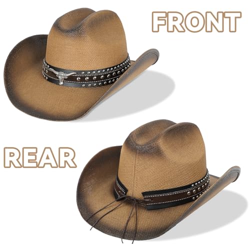 WQWOVRVO Cowboy Hat,Cowgirl hat,Brown Cowboy Hats for Women/Mens Straw Wide with Shapeable Brim Western Cowboy Hat for Womens - Image 5