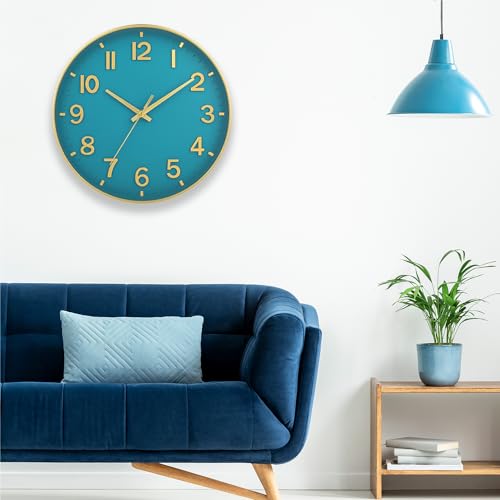 Image of HZDHCLH Teal and Gold Wall Clocks Battery Operated 12 inch Silent Non Ticking Modern Wall Clock for Living Room Bedroom Kitchen Office Decor