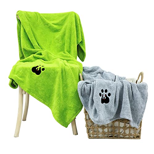 Dogvingpk Extra Large Dog Towels for Drying Dogs 2 Pack - Super Absorbent Soft Quick Dry Microfiber Pet Bath Towel for Large & Medium Dogs, 55 * 36 Inch Green and Grey