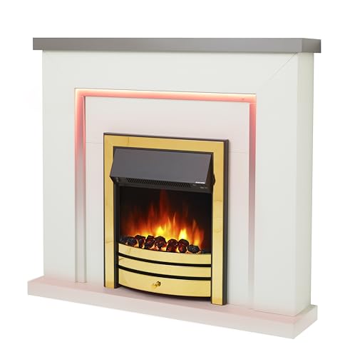 Endeavour Fires Bempton 42" Electric Fireplace Suite with Flame Effect & Coal Bed, Remote Control, Custom Surround, 13-Colour LED Lighting, Eco Heater, Grey Top/White Hearth/Brass Fire