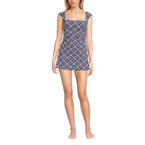 Lands' End Women's Plus Size NEW Smoothing Square Neck Ruched Swim Dress Swimsuit 26W Cherries/Deep Sea Navy Plaid