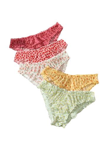 Image of GORGLITTER Women's 5pack Cute Panties Floral Print Low Rise Frilly Panties | Low Waist Underwear Set, Bow Lettuce Trim, Coquette Clothes