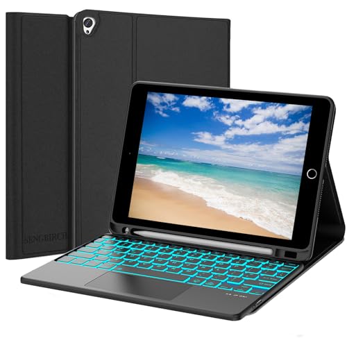 SENGBIRCH ipad キーボード付きケース 9.7インチ 超軽量 タッチパッド付き iPad 6世代 5世代 キーボード ケース 7色バックライト ワイヤレス Bluetoothキーボードカバー 着脱式 ペンホルダー付き スタンド機能 多角度調整 オートスリープ 耐衝撃 全面保護 防汚素材 iPad air/air2/Pro 9.7兼用 ブラック