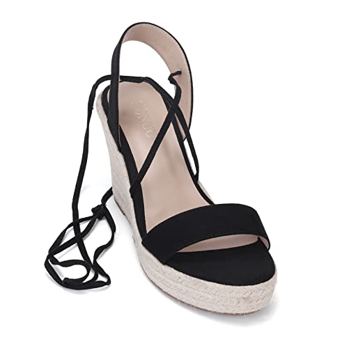 Image of Women's Wedge Platform Espadrille Open Toe Lace-Up Sandals, Cross Strap Wedge Sandals Summer Espadrilles Ankle Strap Buckle Platform Sandals