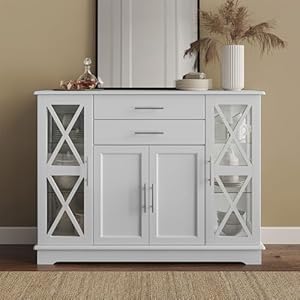 BELLEZE Sideboard Buffet 47 Inch Storage Console Table Coffee Bar Kitchen Cupboard Pantry Glass Display Cabinet for Lving Entryway Dining Room White